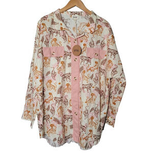 Bibi Button Tiger Shirt 100% Cotton Sz L Lightweight Safari Jungle Oversized NEW